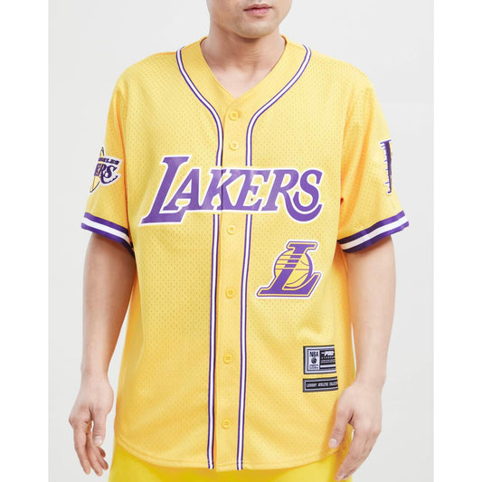 NEW ERA LA LAKERS DISTRESSED LOGO BLACK BUTTON JERSEY