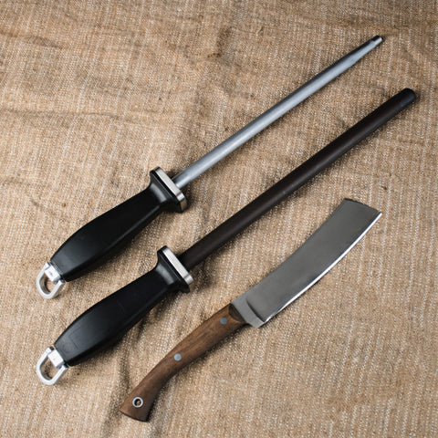 Two sharpening steels and a knife