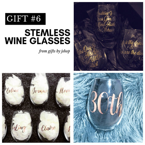Customised stemless wine glasses for a wedding