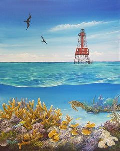 "A Place to Rest" by BJ Royster  A woman of many strengths, diver, photographer, and marine life artist; BJ created this split-level painting, after a dive planting coral with Coral Restoration Foundation™.   
