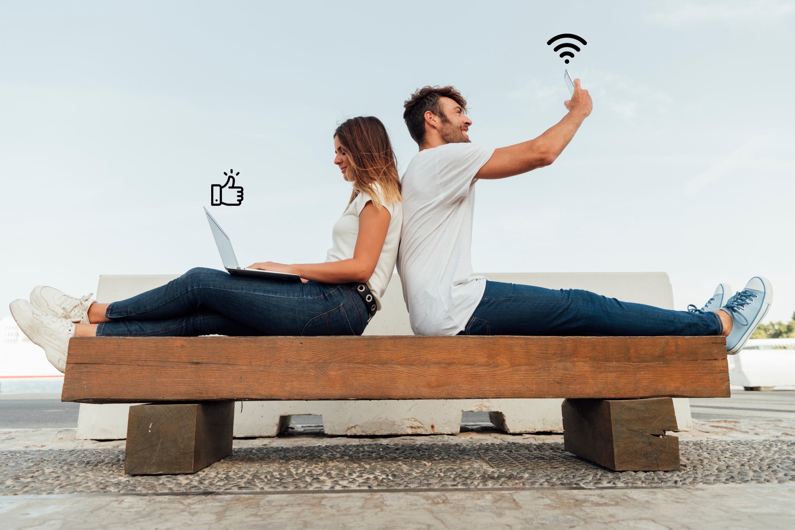 Couple using mobile hotspot