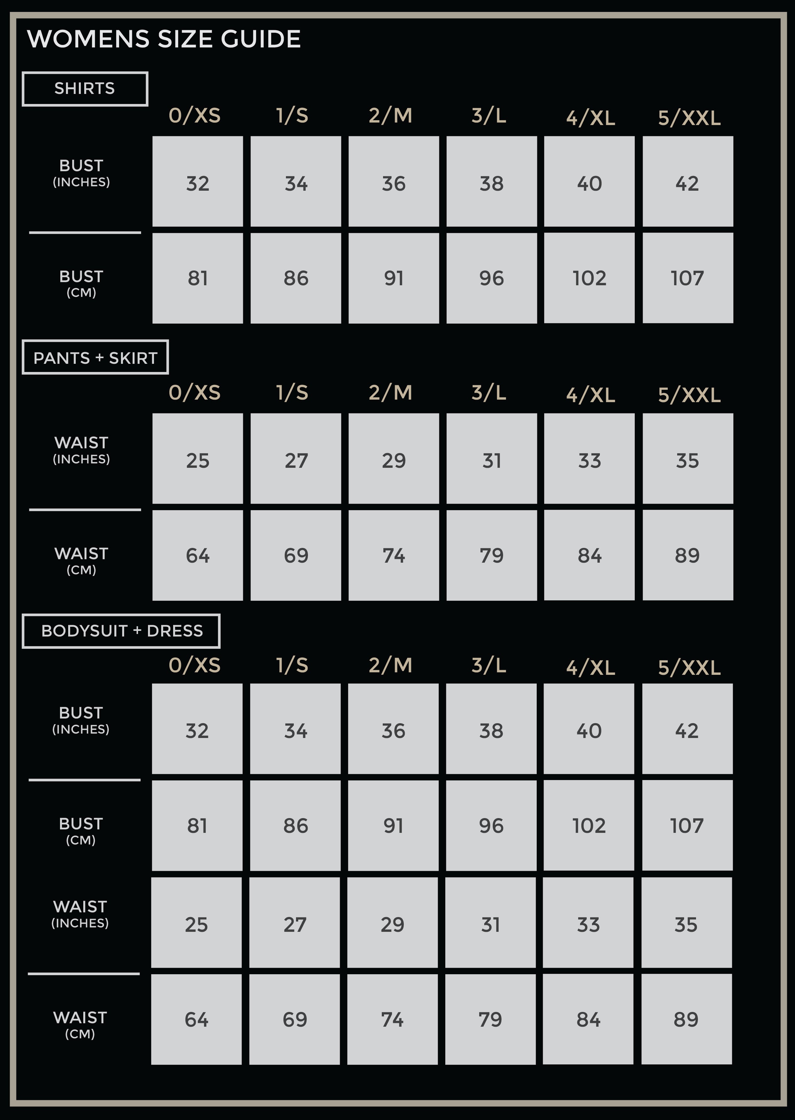 LEISURE LAB WOMENS SIZE CHART