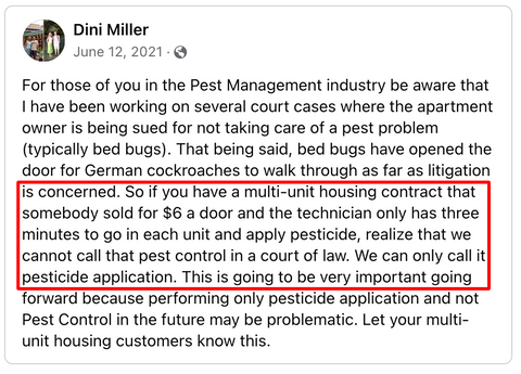 Dini Miller post stating that the courts no longer consider simple bed bug pesticide application equal to pest control