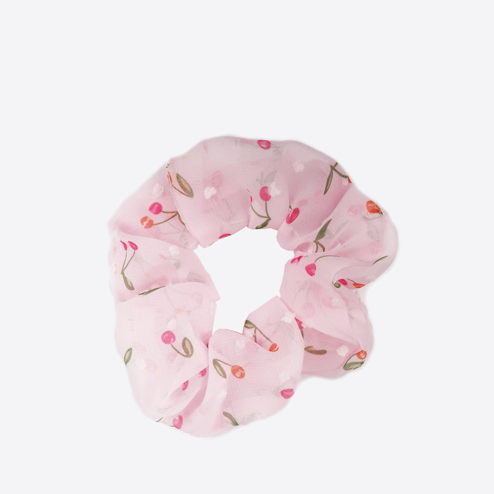 Billede af Sistie Scrunchie i pink med små søde kirsebær