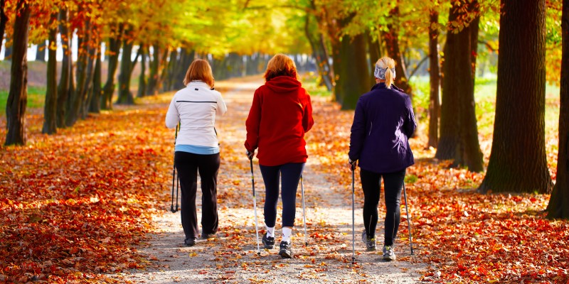 Three women walking in autumn leaves