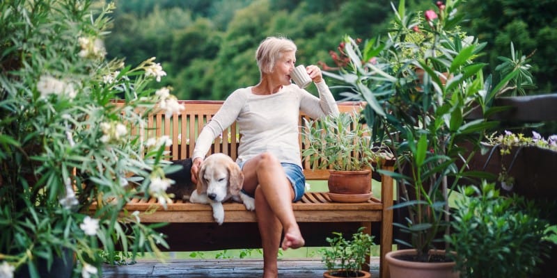 Woman resting on bench with dog and hot drink