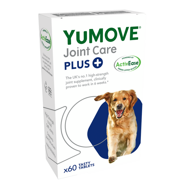 YuMOVE Joint Care PLUS pack shot, with a hexagon icon, graphic joint and Golden Retriever