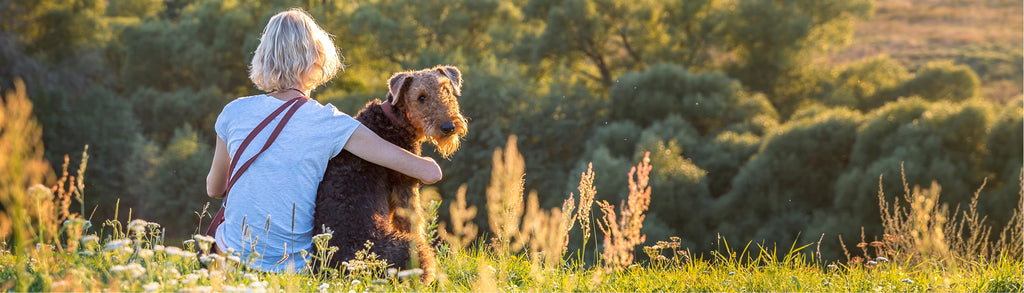 Women and dog sitting on a hill