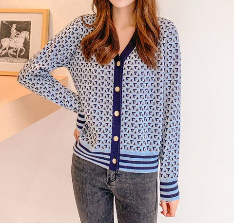 Women's Blue Cardigan with Arrow Pattern