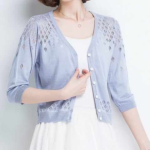 Women's Three Quarter Sleeve Blue Cardigan with Cutout Cropped