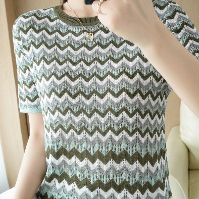 Women's Crewneck Polyline Pattern Knitted Shirt - Maple