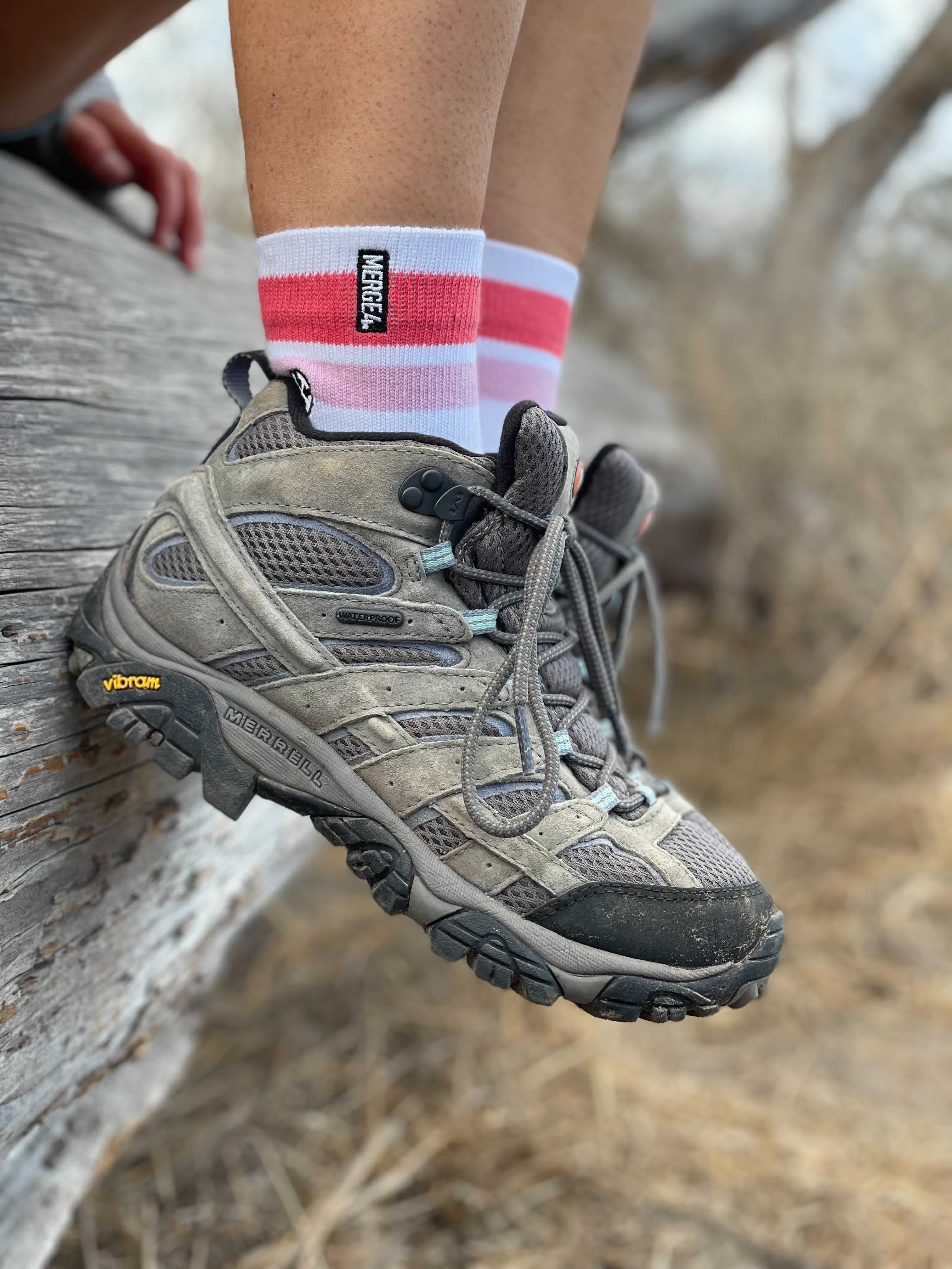 white and pink quarter hiking socks