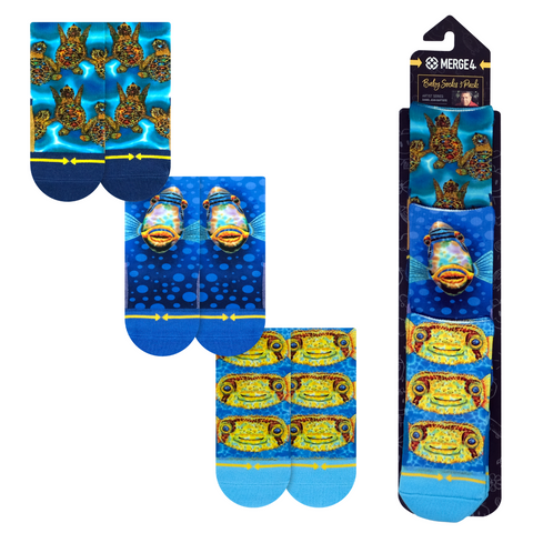 Product shot of Daniel Jean-Baptiste's 3 pack baby socks featuring colorful and vibrant ocean fish.