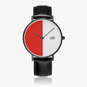 Best Selling Women's luxury Watch featuring black case watch with Geranium Red and white watch face and Genuine leather black strap