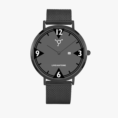 black case casual watch featuring black/ gray watch face and black mesh stainless steel strap