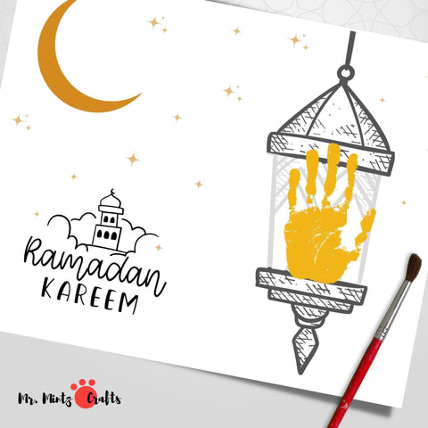 Printable Ramadan Handprint Art Craft with stars and moon, serving as creative Islamic Crafts for Kids or a special Ramadan Gift from Kids to beautify any Ramadan Decor.