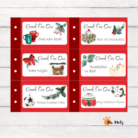 Need some fresh ideas for giving Christmas gifts to kids? These cute coupon books allow you to create the perfect gift, customized by you for each recipient. Download this Christmas coupon book and get 24 unique pre-filled coupons as well as 6 blank ones for custom coupons. Merry Christmas!!!