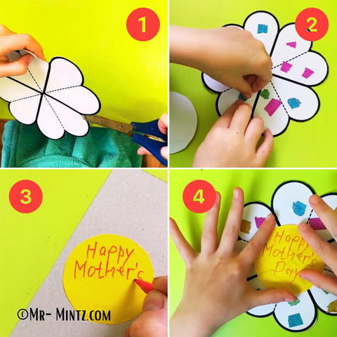 DIY Foldable Heart Flower craft for Mother's Day, showing kids creating a personalized gift with colorful paper and a heartfelt message, perfect for family crafting.
