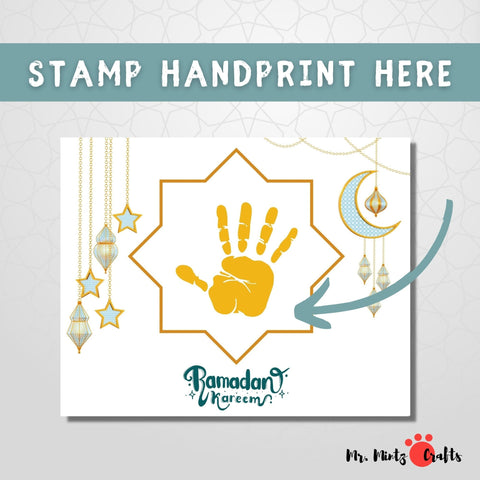 Printable Ramadan Handprint Art Craft with stars and moon, serving as creative Islamic Crafts for Kids or a special Ramadan Gift from Kids to beautify any Ramadan Decor.
