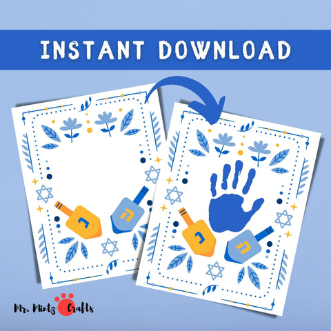 Blue handprint with dreidels and Stars of David, a downloadable Hanukkah handprint craft for festive family fun.