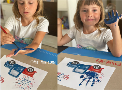 A handprint craft featuring a red, white, and blue fireworks truck with painted handprints as wheels, representing the festive and patriotic spirit of the 4th of July.