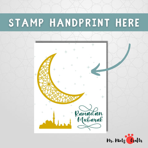 Printable Ramadan Handprint Art Craft with stars and moon, serving as creative Islamic Crafts for Kids or a special Ramadan Gift from Kids to beautify any Ramadan Decor.