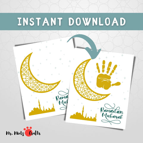 Printable Ramadan Handprint Art Craft with stars and moon, serving as creative Islamic Crafts for Kids or a special Ramadan Gift from Kids to beautify any Ramadan Decor.