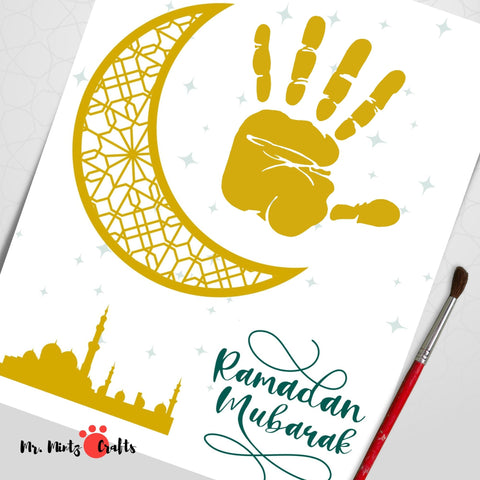 Printable Ramadan Handprint Art Craft with stars and moon, serving as creative Islamic Crafts for Kids or a special Ramadan Gift from Kids to beautify any Ramadan Decor.