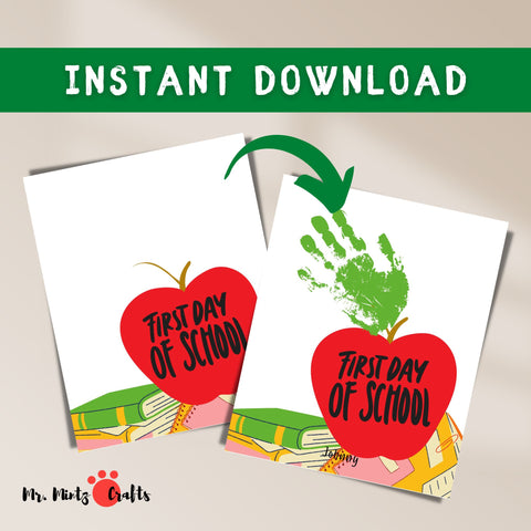 First Day of School handprint craft featuring a vibrant red apple with a green handprint leaf, perfect for back-to-school activities and keepsakes.