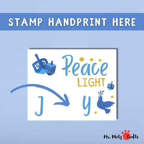 Printable Hanukkah craft with a yellow handprint, blue dove, and dreidels, symbolizing peace and light for the holiday.