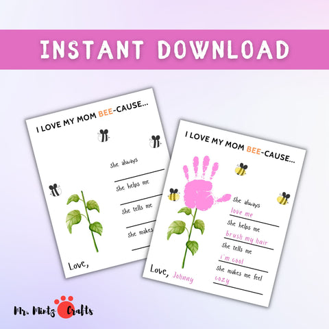 Handprint Mothers Day Art Craft for Mom and Grandma, featuring I Love My Mom because and I Love My Grandma printable templates. Perfect for creating a personalized handprint keepsake gift for Mothers Day.