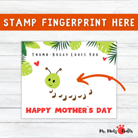 Happy Mothers Day card featuring a Thumb-Buggy Loves You design with colorful fingerprint bugs made from childs thumbprints, surrounded by tropical leaves and hearts, perfect for a personal touch.