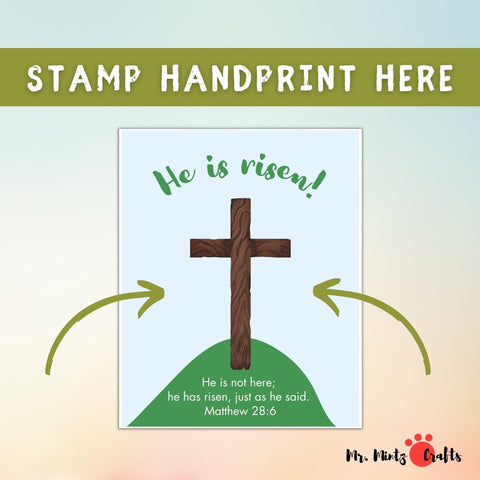Easter Handprint Art Craft activity: He is Risen with a cross, for children's yellow handprints to form wings, capturing the essence of Matthew 28:6 in a creative, engaging craft for family bonding and celebration of the resurrection