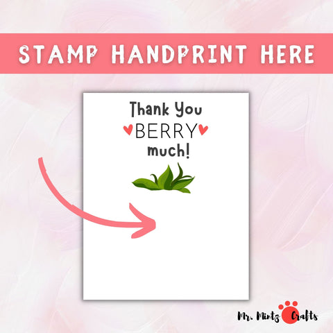 Handcrafted Teacher Appreciation Card with Handprint Strawberry: 'Thank You BERRY Much!' - Perfect for Birthdays, Christmas, or Any Special Occasion, Set Against a Sparkling Pink Backdrop.