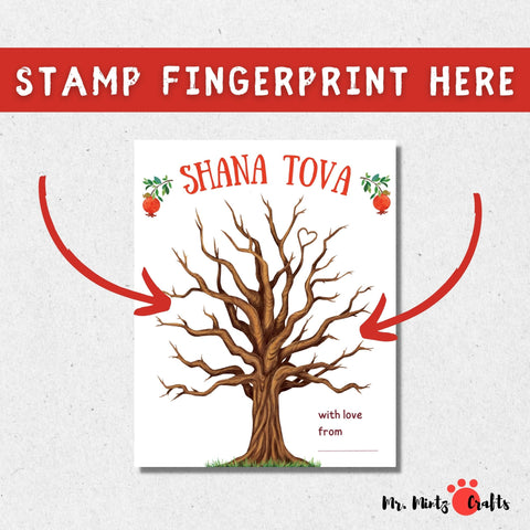 Personalize your Rosh Hashanah with a unique fingerprint craft featuring the inscription Shana Tovah and customizable with your child's name. Pomegranate-inspired fingerprints adorn the tree, creating a cherished keepsake.