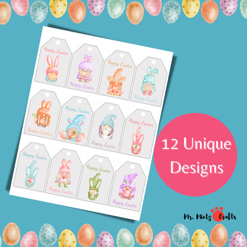 Close-up of cute bunny gift tag saying “Happy Easter,” ideal for spring treats, Easter basket labels, or handmade Easter gift wrapping.