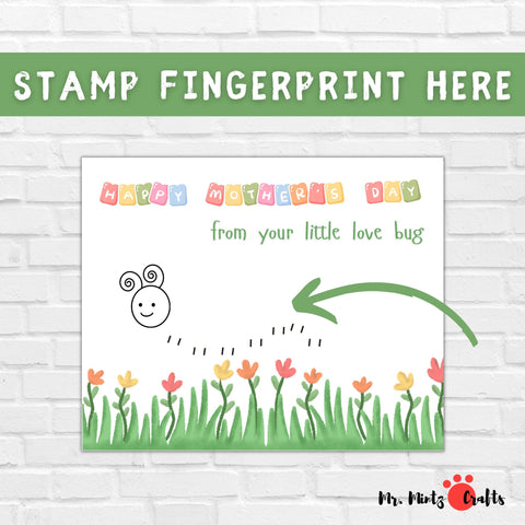 Fingerprint Handprint Mothers Day Art Craft for Mom and Grandma featuring a Spring Bug theme. This printable keepsake offers a unique and charming way for kids to create a personalized Mothers Day card with their own handprints.