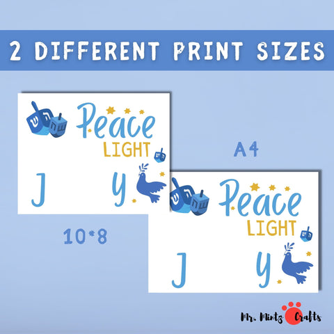 Printable Hanukkah craft with a yellow handprint, blue dove, and dreidels, symbolizing peace and light for the holiday.