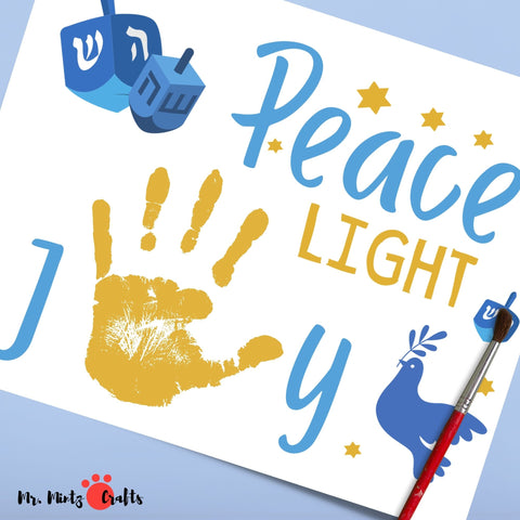 Printable Hanukkah craft with a yellow handprint, blue dove, and dreidels, symbolizing peace and light for the holiday.