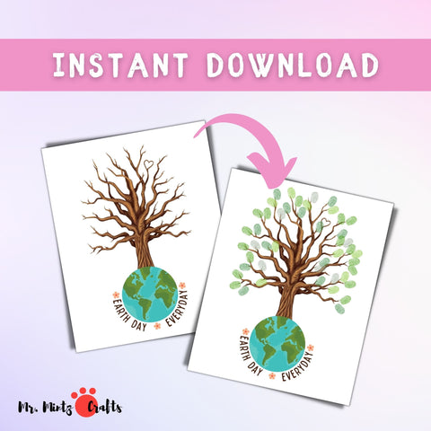 Interactive Earth Day printable, a tree craft where kids add fingerprints as leaves for a handprint art project, great for preschool and classroom spring activities.