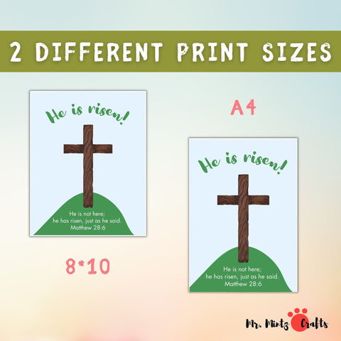 Easter Handprint Art Craft activity: He is Risen with a cross, for children's yellow handprints to form wings, capturing the essence of Matthew 28:6 in a creative, engaging craft for family bonding and celebration of the resurrection