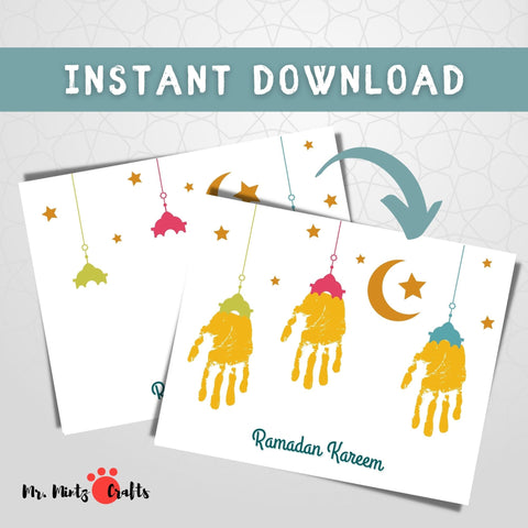 Printable Ramadan Handprint Art Craft with stars and moon, serving as creative Islamic Crafts for Kids or a special Ramadan Gift from Kids to beautify any Ramadan Decor.