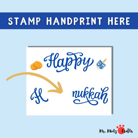 Happy Hanukkah printable with a child's handprint, dreidel, and coins, ideal for a personalized holiday craft or festive decor.