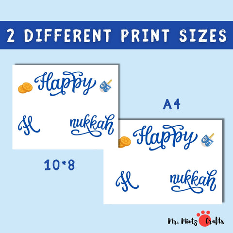 Happy Hanukkah printable with a child's handprint, dreidel, and coins, ideal for a personalized holiday craft or festive decor.