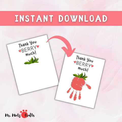 Handcrafted Teacher Appreciation Card with Handprint Strawberry: 'Thank You BERRY Much!' - Perfect for Birthdays, Christmas, or Any Special Occasion, Set Against a Sparkling Pink Backdrop.