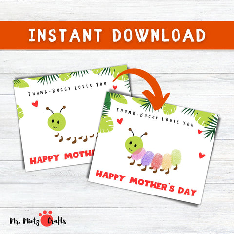 Happy Mothers Day card featuring a Thumb-Buggy Loves You design with colorful fingerprint bugs made from childs thumbprints, surrounded by tropical leaves and hearts, perfect for a personal touch.