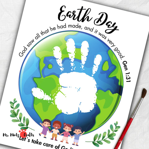 Earth Day handprint art printable, ideal for Sunday school activities and Bible lessons, highlighting care for God's creation with a joyful handprint craft for kids.