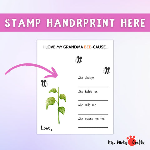 Handprint Mothers Day Art Craft for Mom and Grandma, featuring I Love My Mom because and I Love My Grandma printable templates. Perfect for creating a personalized handprint keepsake gift for Mothers Day.