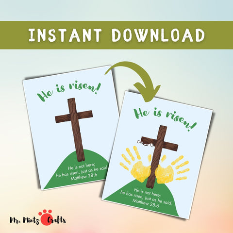 Easter Handprint Art Craft activity: He is Risen with a cross, for children's yellow handprints to form wings, capturing the essence of Matthew 28:6 in a creative, engaging craft for family bonding and celebration of the resurrection