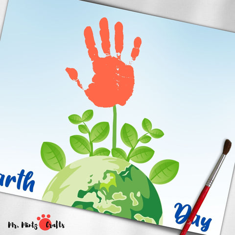 Earth Day handprint art printable featuring a globe with sprouting leaves, designed for preschool spring classroom activities and Happy Earth Day events, awaiting a childs handprint to complete.